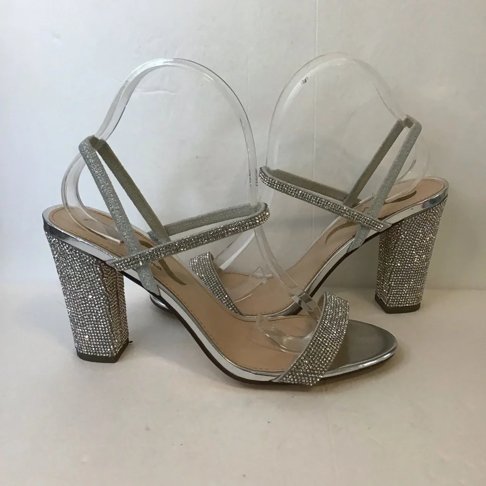 N by Nina Women's Silver Rhinestone SANCHIA Evening Chunky Heel Sandals 10